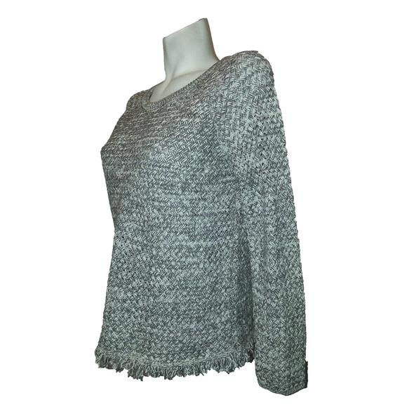 LUCKY BRAND Sweater Women's Size M Brown Ivory Fringe Hem Woven Chunky Knit Top - Picture 2 of 4